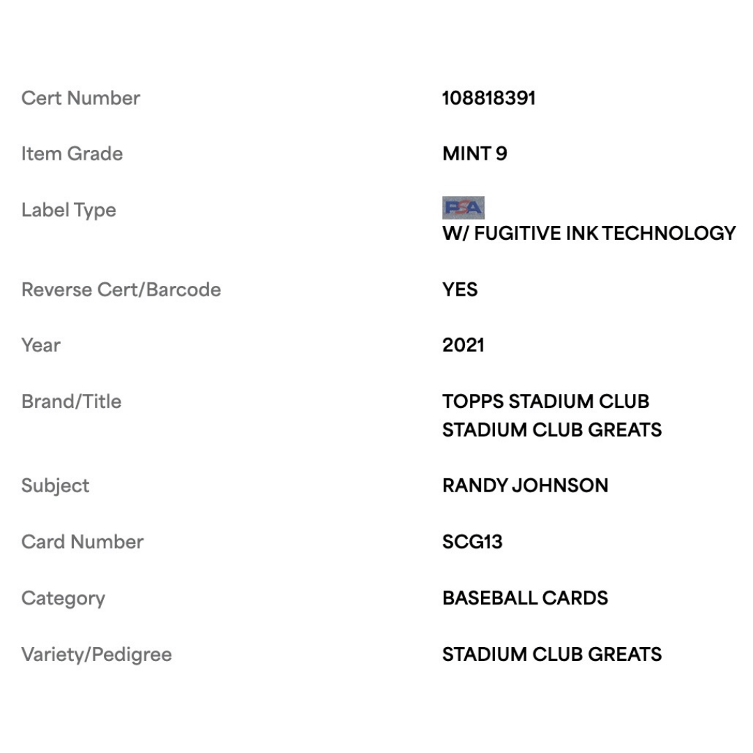 Randy Johnson PSA 9 2021 Topps Stadium Club Greats POP 2 Card #SCG13