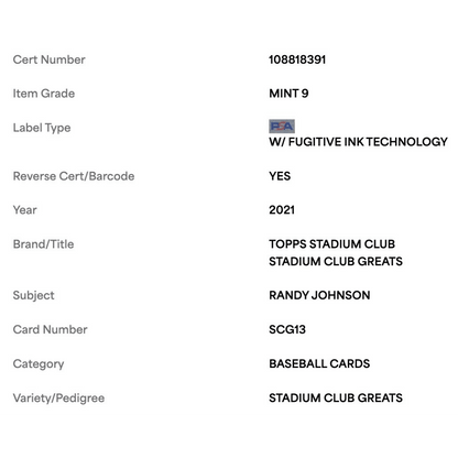 Randy Johnson PSA 9 2021 Topps Stadium Club Greats POP 2 Card #SCG13