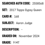 
Aaron Judge SGC 9 2017 Topps Gypsy Queen Card