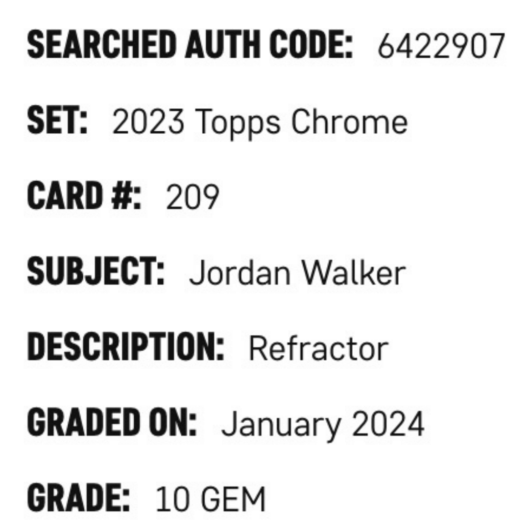 Jordan Walker SGC 10 2023 Topps Chrome Refractor Rookie RC Card #209