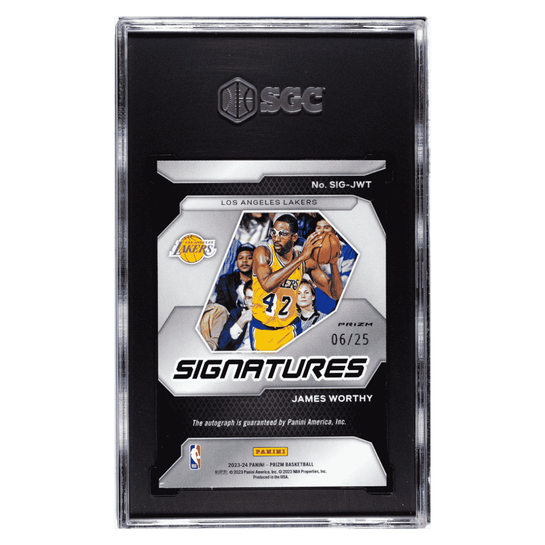 James Worthy SGC 8 2023-24 Panini Prizm Signatures Mojo Prizm #d/ 25 Card #SIG-JWT