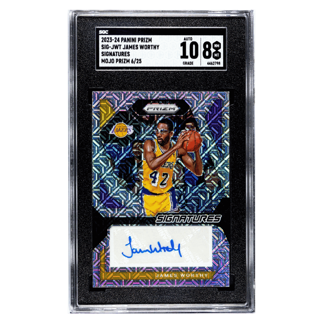 James Worthy SGC 8 2023-24 Panini Prizm Signatures Mojo Prizm #d/ 25 Card #SIG-JWT