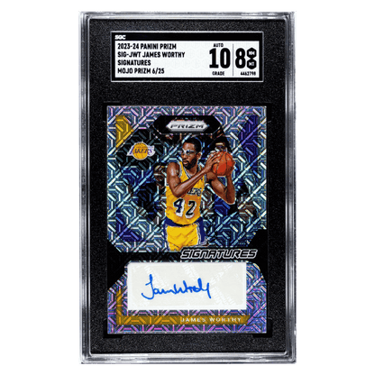 James Worthy SGC 8 2023-24 Panini Prizm Signatures Mojo Prizm #d/ 25 Card #SIG-JWT