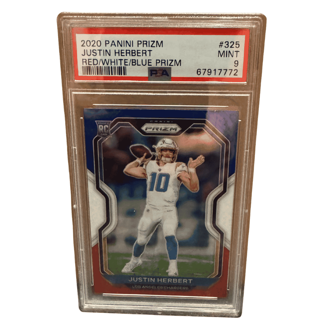 Justin Herbert PSA 9 2020 Panini Prizm Red/ White/ Blue Prizm Card #325