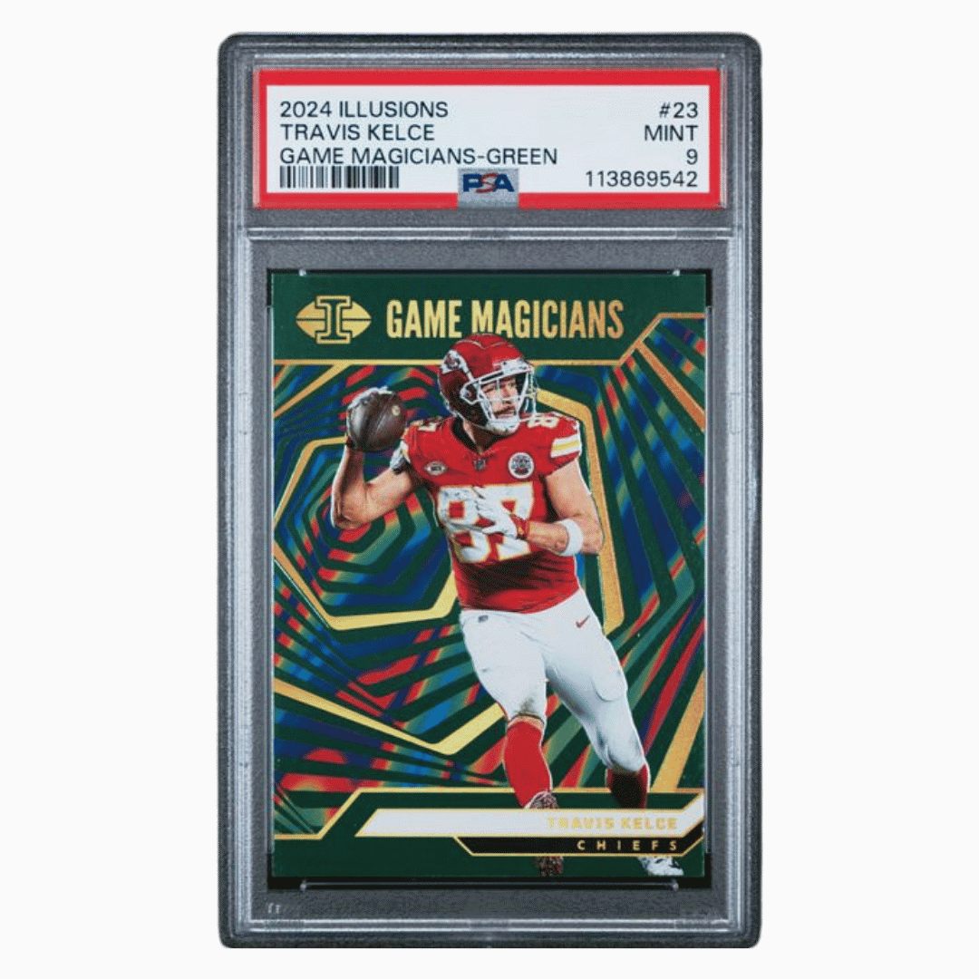 Travis Kelce PSA 9 2024 Panini Illusions Game Magicians Green POP 1 #d/ 10 Card #23