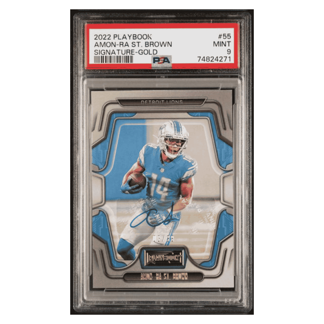 Amon-Ra St Brown PSA 9 2022 Panini Playbook Signature Gold #d/ 99 Card #55