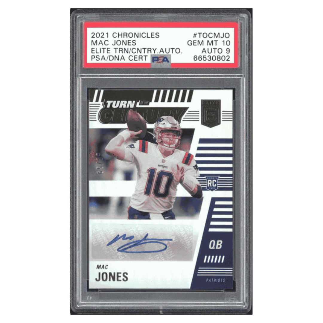 Mac Jones PSA 10 2021 Panini Chronicles Elite Turn of the Century Autograph Rookie RC #d/ 99 Card #TOCMJO
