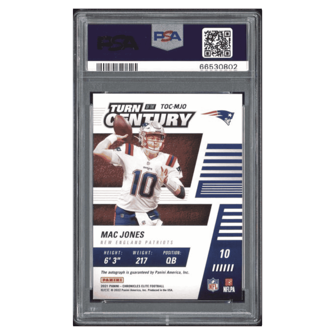 Mac Jones PSA 10 2021 Panini Chronicles Elite Turn of the Century Autograph Rookie RC #d/ 99 Card #TOCMJO