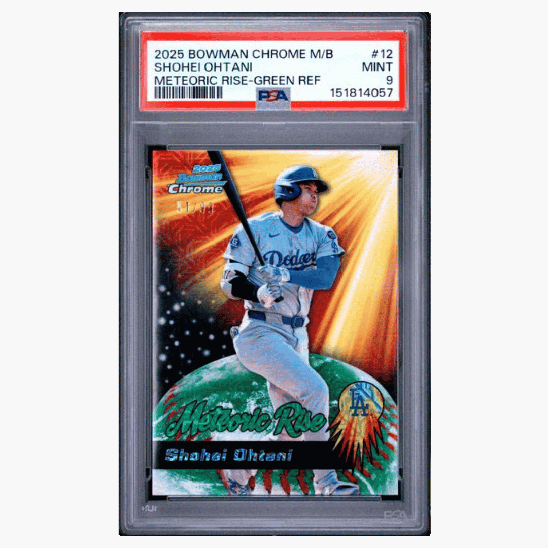 Shohei Ohtani PSA 9 2025 Bowman Chrome M/B Meteoric Rise Green Refractor #d/99 Card #12