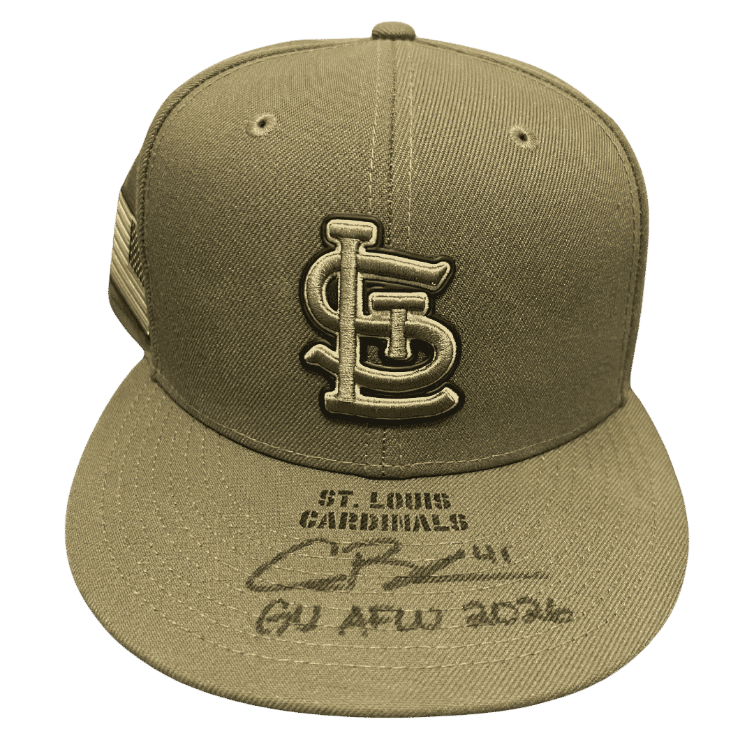 Alec Burleson St Louis Cardinals Autographed 2026 Game Used Armed Forces Weekend Hat w/ Inscription - JSA COA