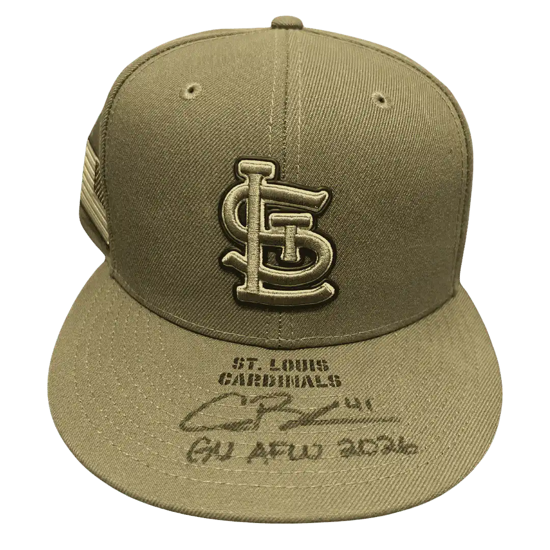 Alec Burleson St Louis Cardinals Autographed 2026 Game Used Armed Forces Weekend Hat w/ Inscription - JSA COA