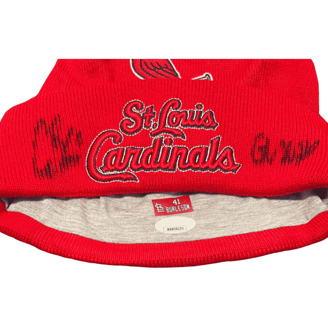 Alec Burleson St Louis Cardinals Autographed 2026 Game Worn Beanie w/ Inscription - JSA COA