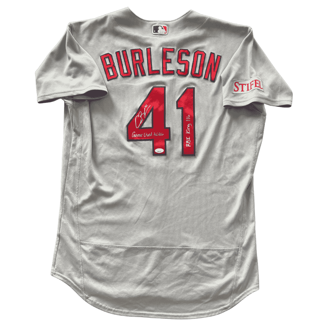 Alec Burleson St Louis Cardinals Autographed 2026 Game Used Away Jersey w/ Inscriptions - JSA COA