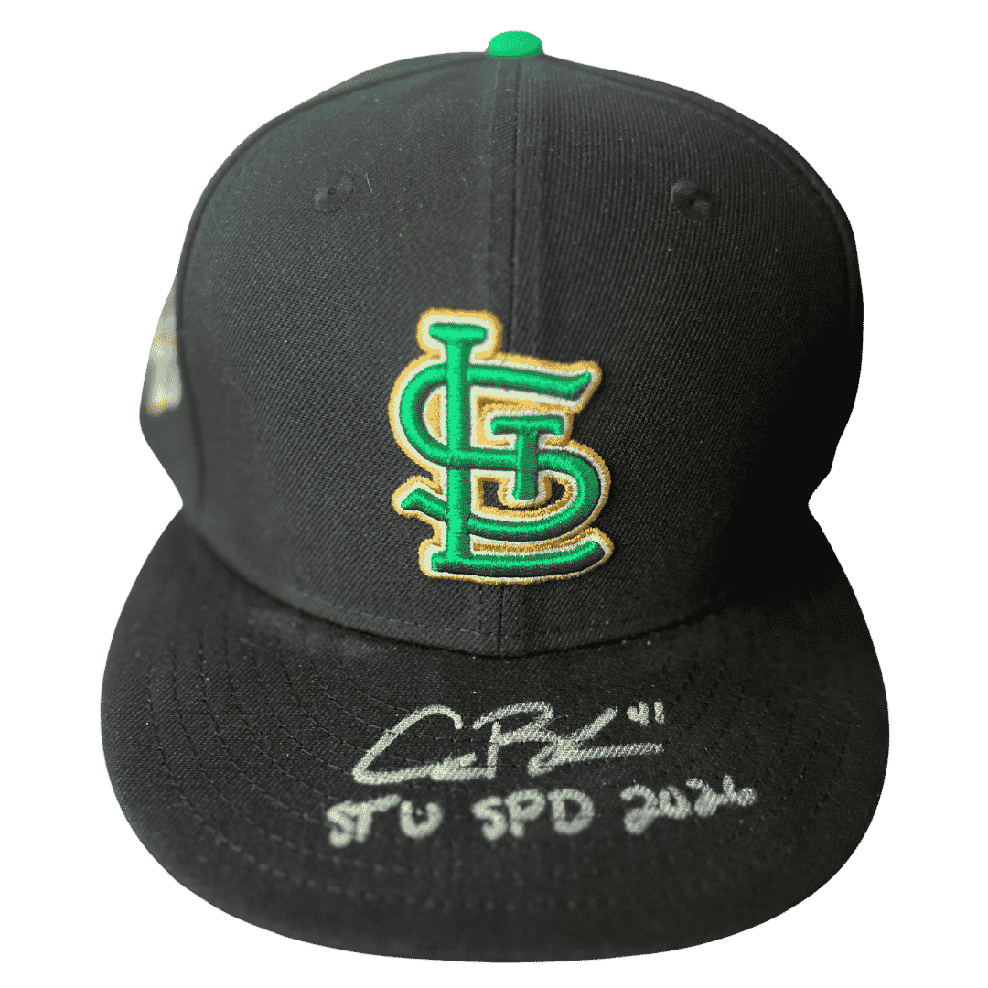 Alec Burleson St Louis Cardinals Autographed 2026 Spring Training Used St Patrick's Day Hat w/ Inscription - JSA COA