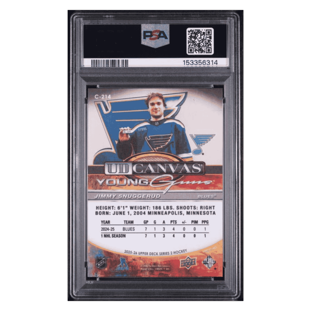 Jimmy Snuggerud PSA 10 2025 Upper Deck Young Guns Canvas Card #C-214