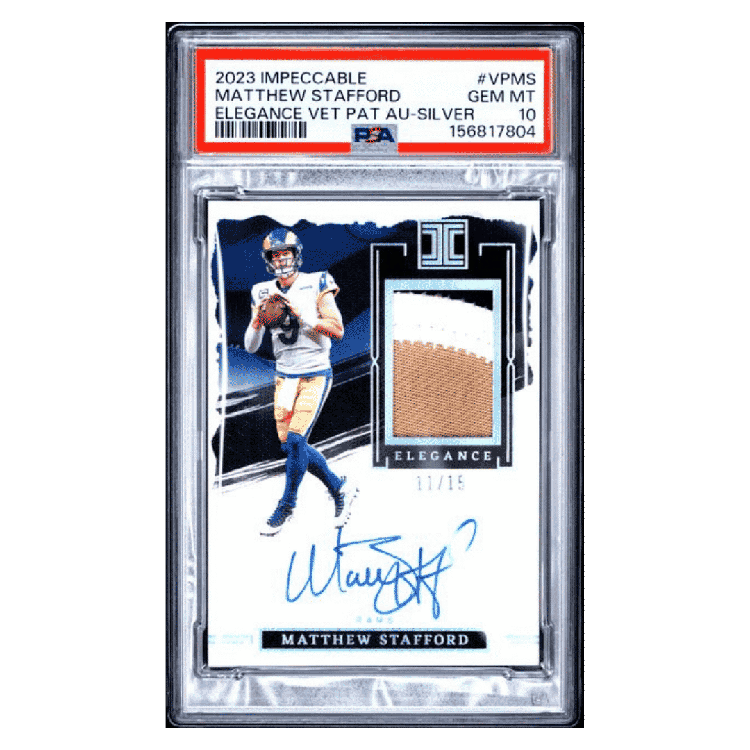 Matthew Stafford PSA 10 2023 Panini Impeccable Elegance Veteran Patch Autographed Silver #d/ 15 Card #329
