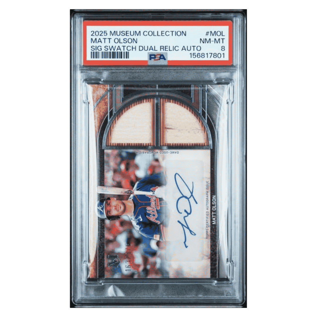 Matt Olson PSA 8 2025 Topps Museum Collection Signature Swatch Dual Relic Autograph #d/ 176 Card #MOL
