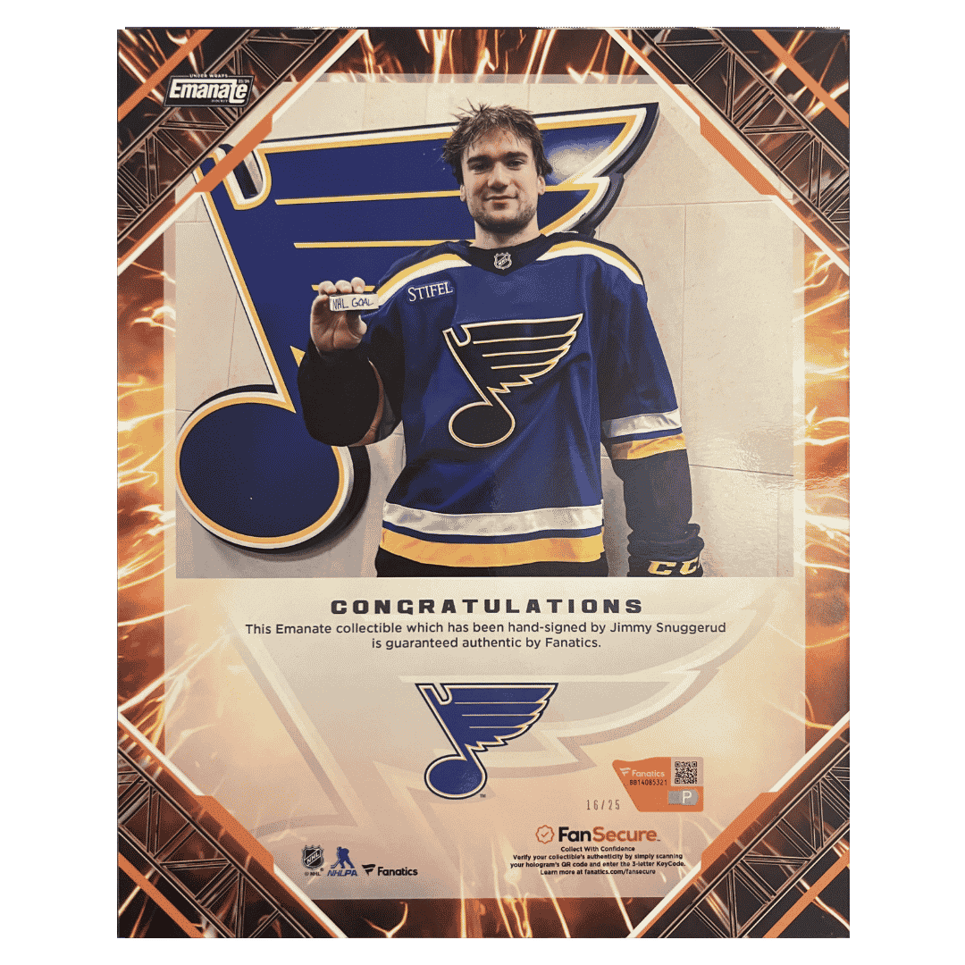 Jimmy Snuggerud 2025-26 Under Wraps Emanate Hockey Autographed 8x10 Rookie RC #d/ 25 Card