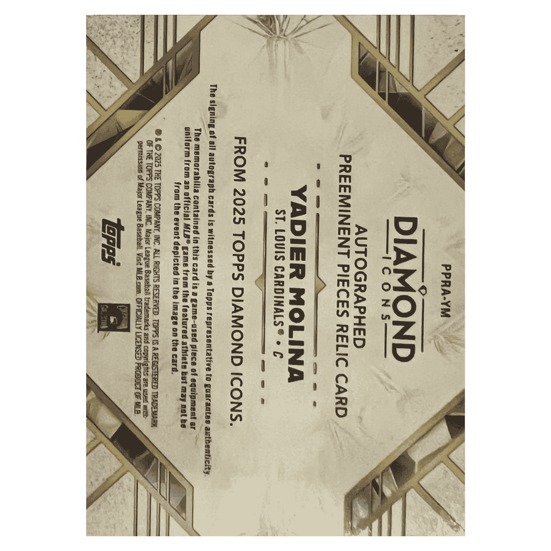 Yadier Molina 2025 Topps Diamond Icons Autographed Preeminent Pieces Relic #d/ 5 Card #PPRA-YM