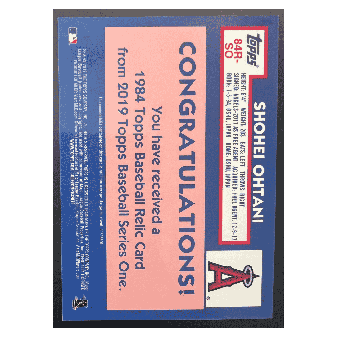 Shohei Ohtani 2019 Topps Baseball Series One 1984 Baseball Relics Game Used Memorabilia /150 Card #84R-SO