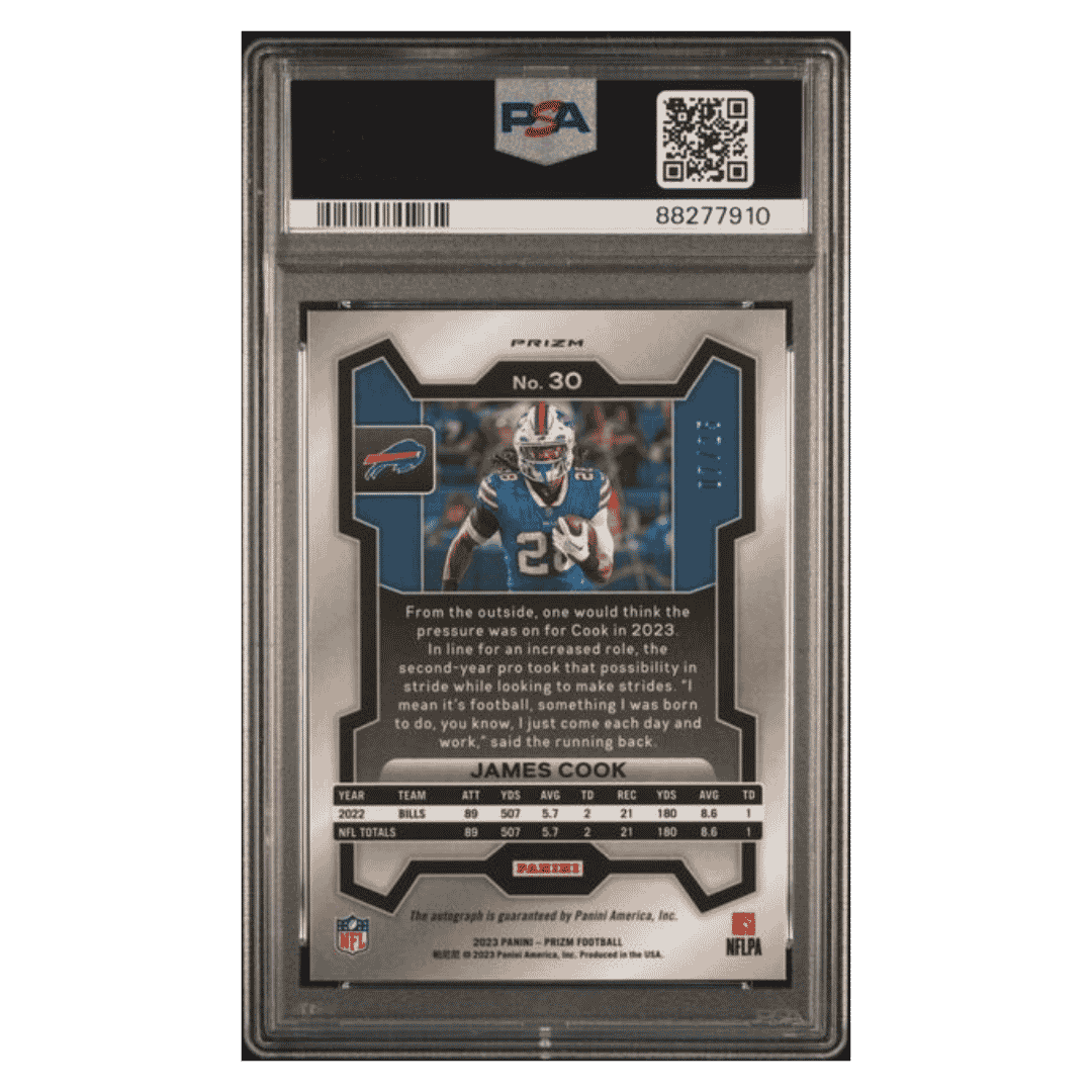 James Cook PSA 9 2023 Panini Prizm Autograph - Blue Shimmer /25 Card #30