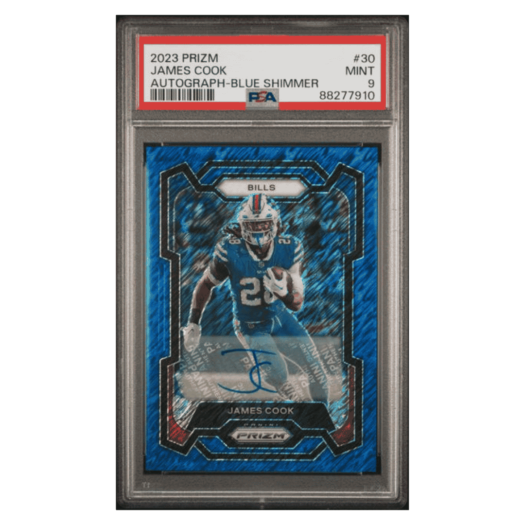 James Cook PSA 9 2023 Panini Prizm Autograph - Blue Shimmer /25 Card #30