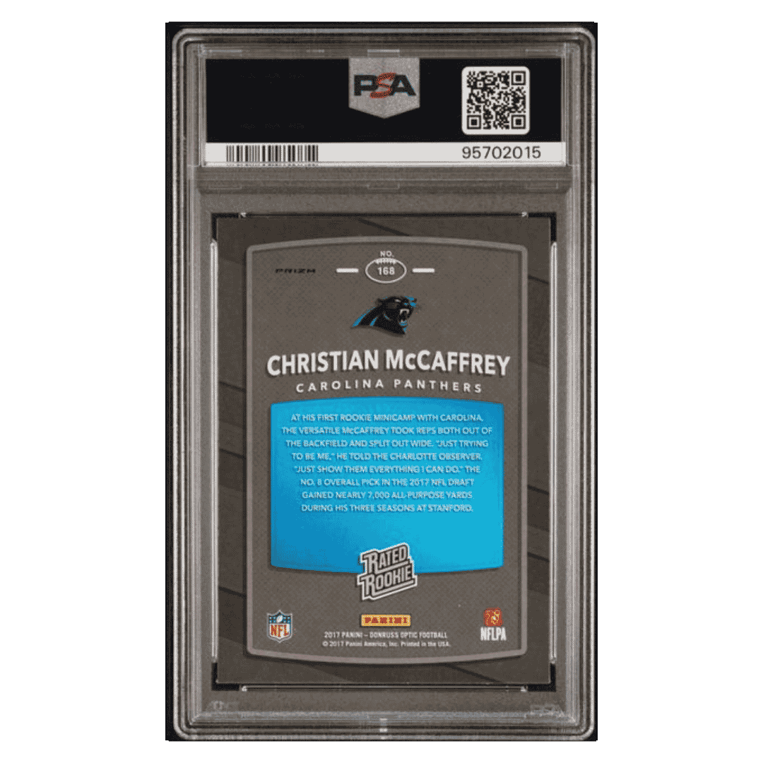 Christian McCaffrey PSA 10 2017 Panini Donruss Optic Rated Rookie Holo Card #168