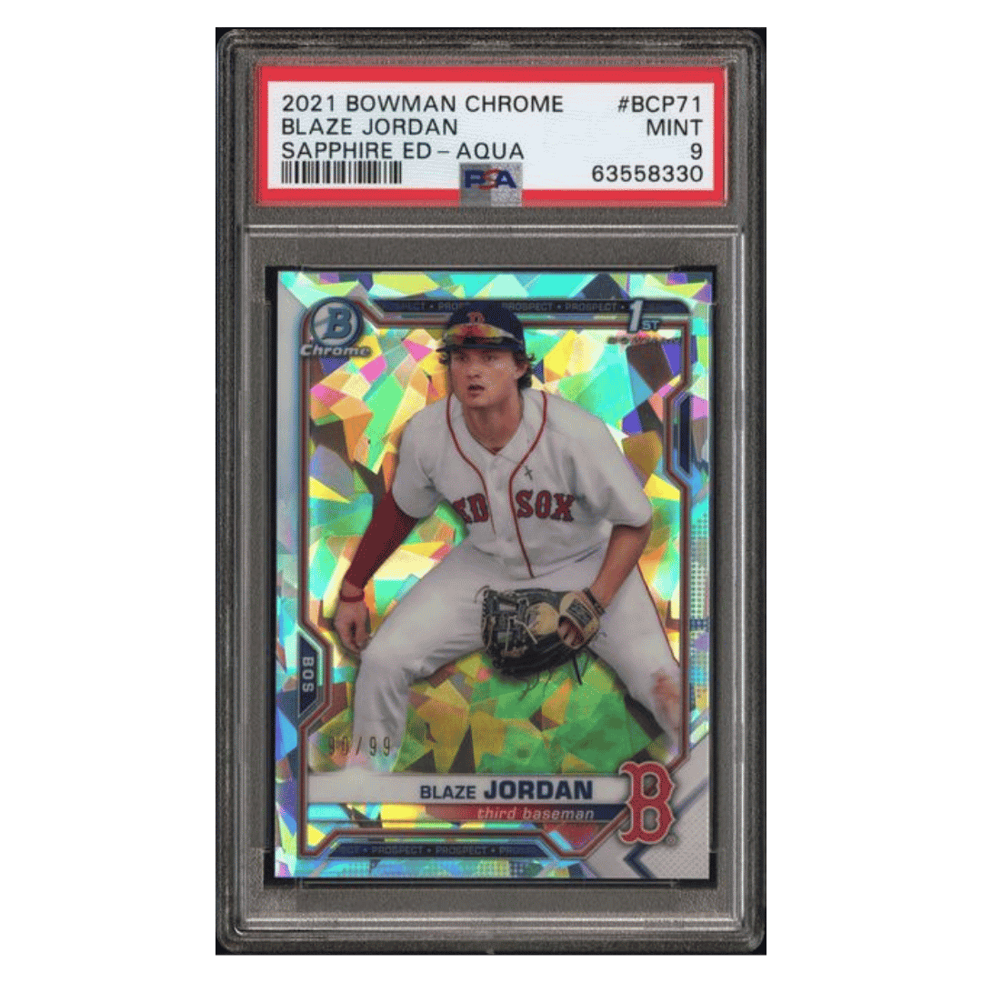 Blaze Jordan PSA 9 2021 Bowman Chrome Sapphire Edition - Aqua #d/ 99 Card #BCP71