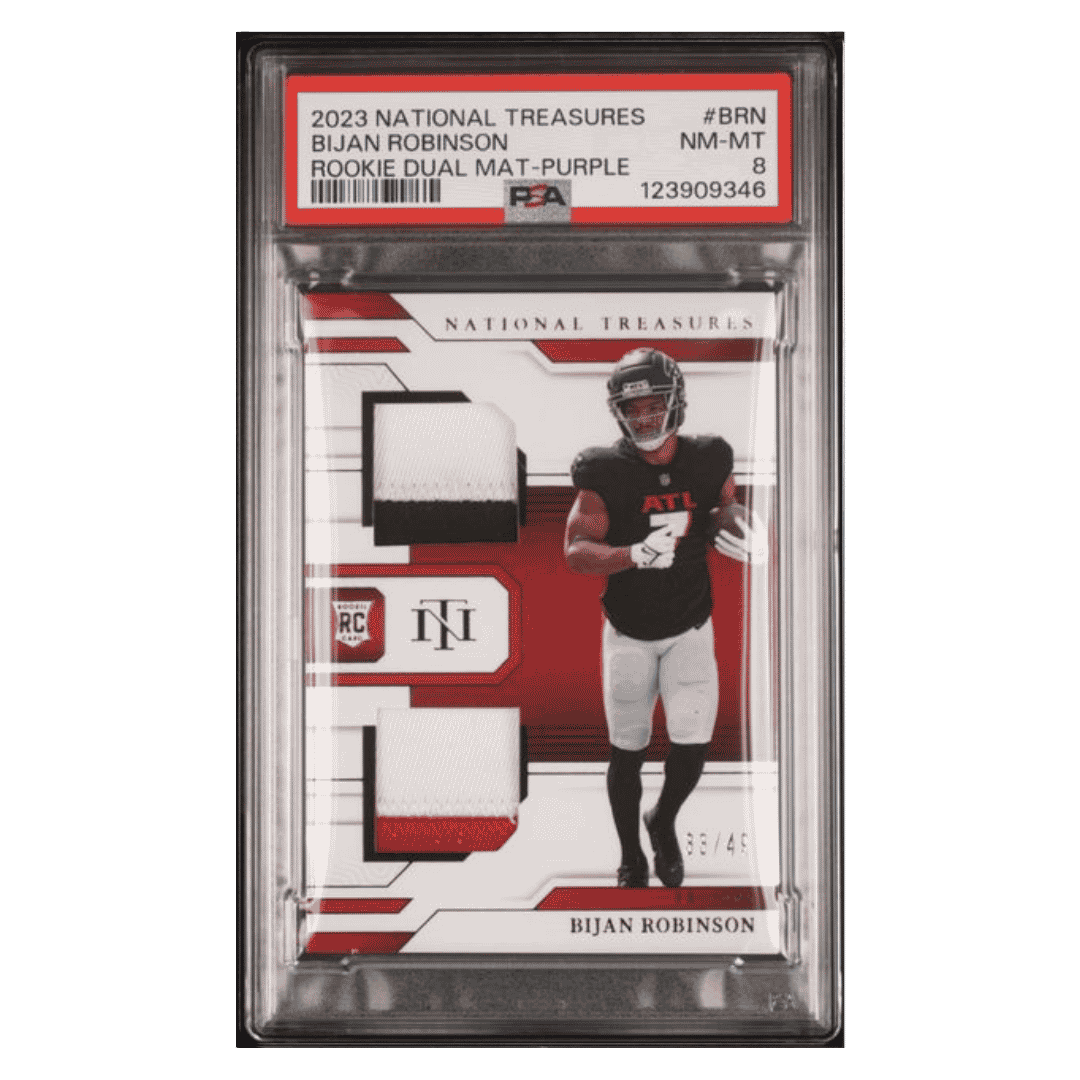 Bijan Robinson PSA 8 2023 Panini National Treasures Rookie Dual Materials - Purple Rookie RC #d/49 Card #BRN