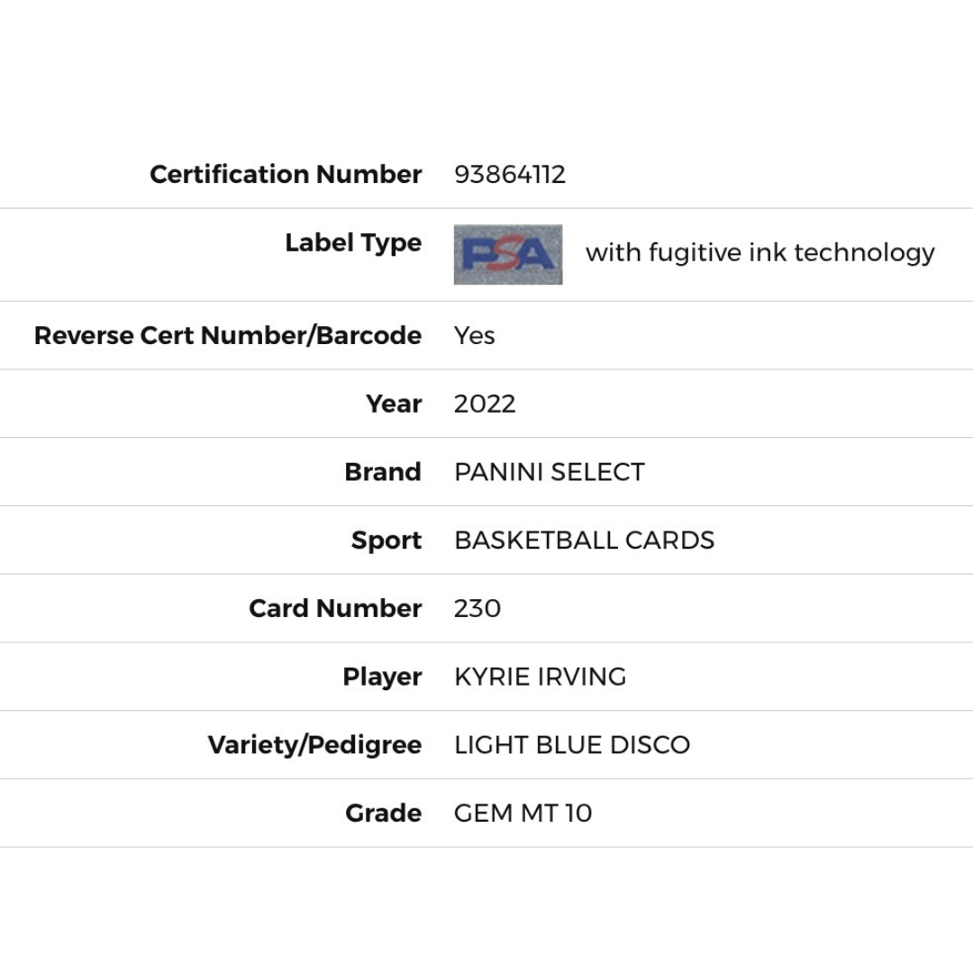 Kyrie Irving PSA 10 2022 Panini Select Light Blue Disco Card #230