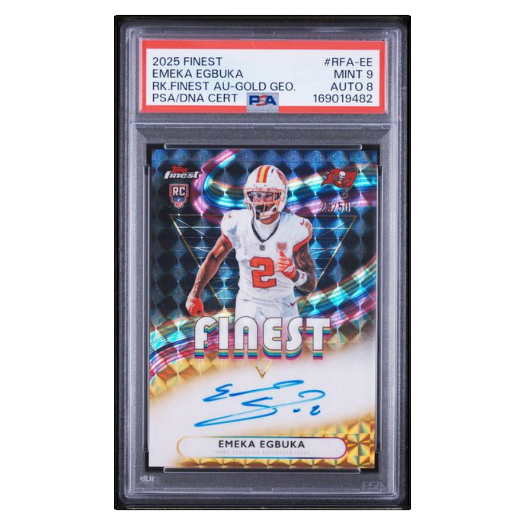 Emeka Egbuka PSA 9 2025 Topps Finest Rookie Finest Autograph Gold Geo #d/ 50 Card #RFA-EE