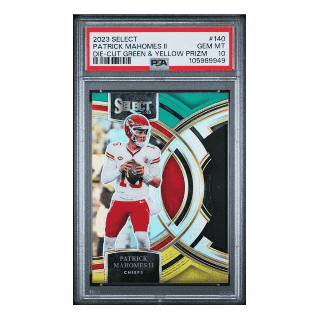 Patrick Mahomes PSA 10 2023 Panini Select Die Cut Green & Yellow Prizm Card #140