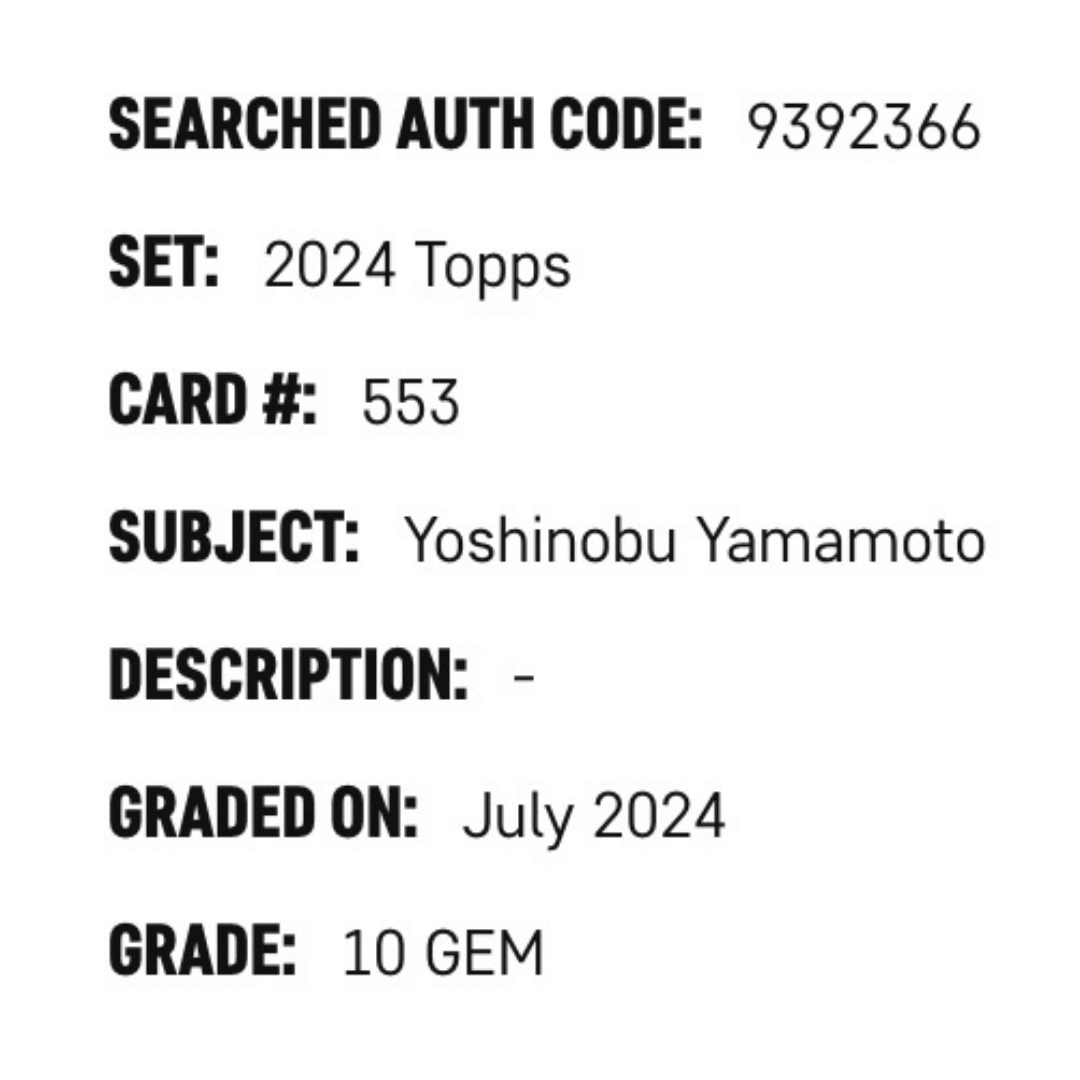 Yoshinobu Yamamoto SGC 10 2024 Topps Card #553