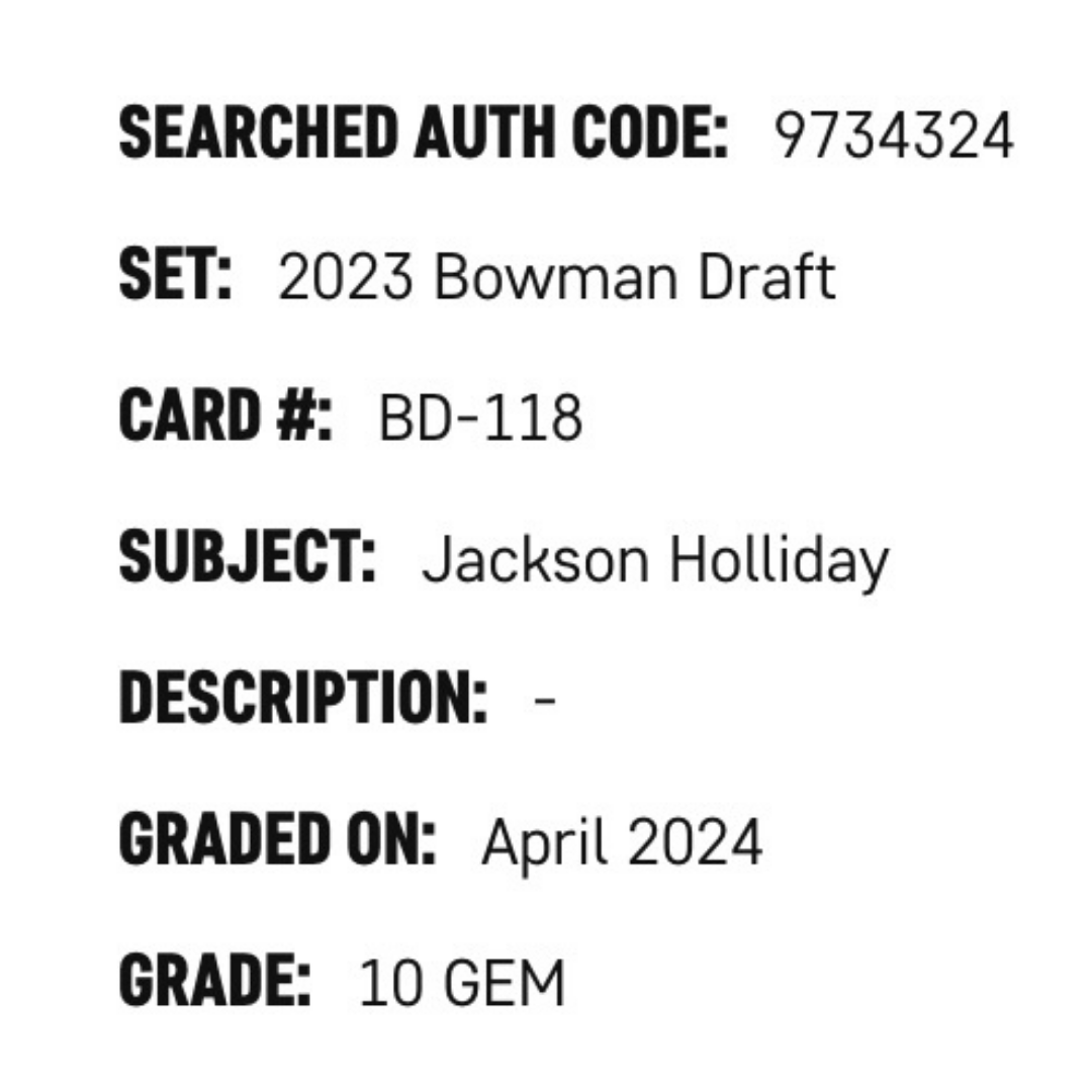 Jackson Holliday SGC 10 2023 Topps Bowman Draft Card #BD-118