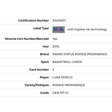 Luka Doncic PSA 10 2018 Panini Status Rookie Prominence Card #3