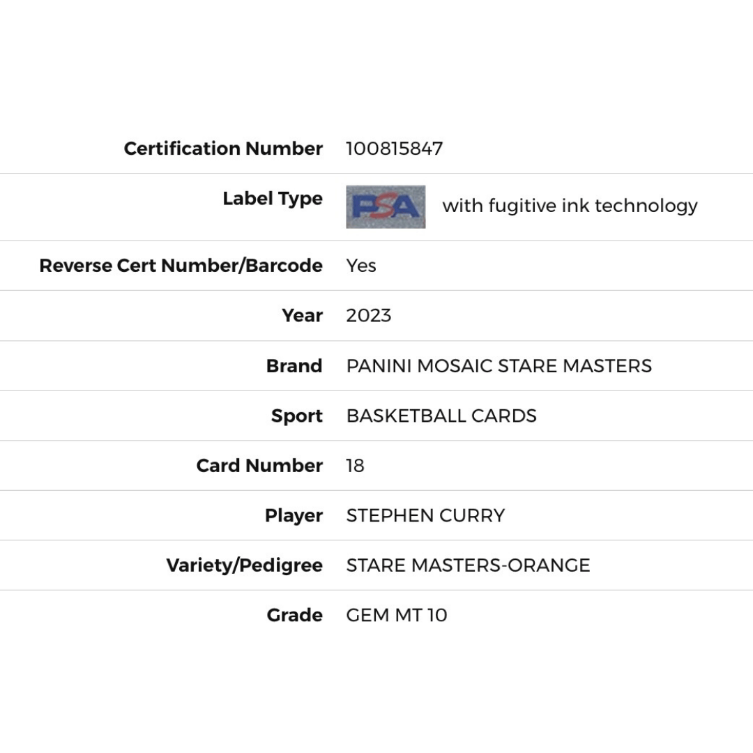 Steph Curry PSA 10 2023 Panini Mosaic Stare Masters - Orange /49 Card #18