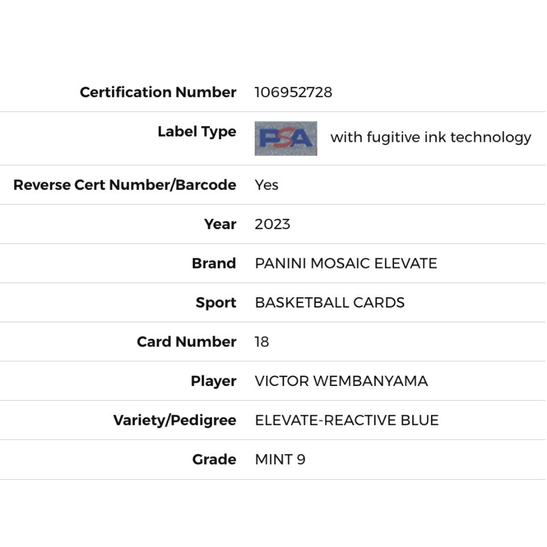 Victor Wembanyama PSA 9 2023 Panini Mosaic Elevate Reactive Blue Rookie RC Card #18