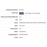 Pikachu PSA 9 2023 Pokemon Sword and Shield Crown Zenith Card #160