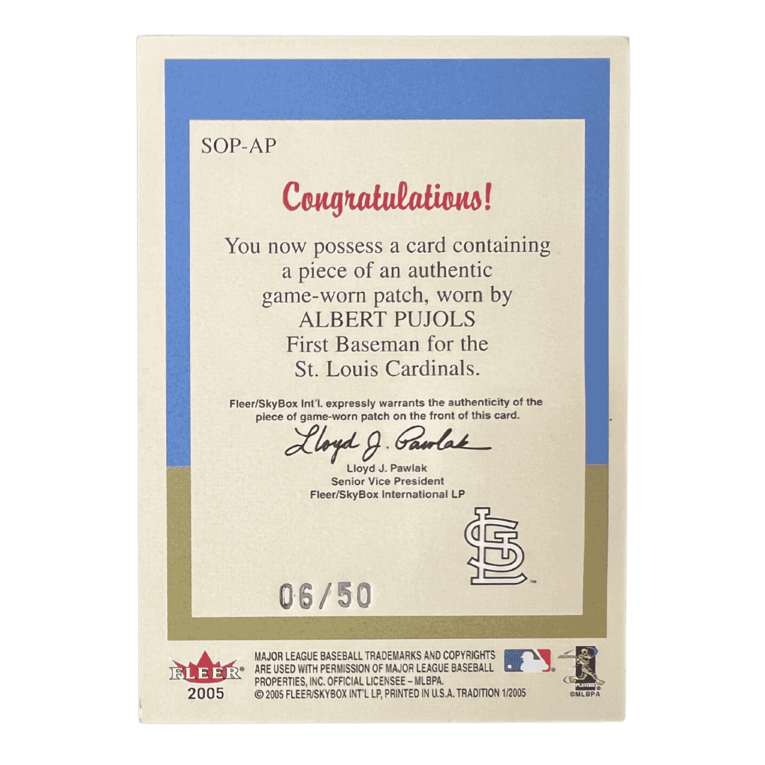 Albert Pujols 2005 Fleer Tradition StandOuts 3 Color Jersey Patch Swatch #d /50 Card #SO-AP