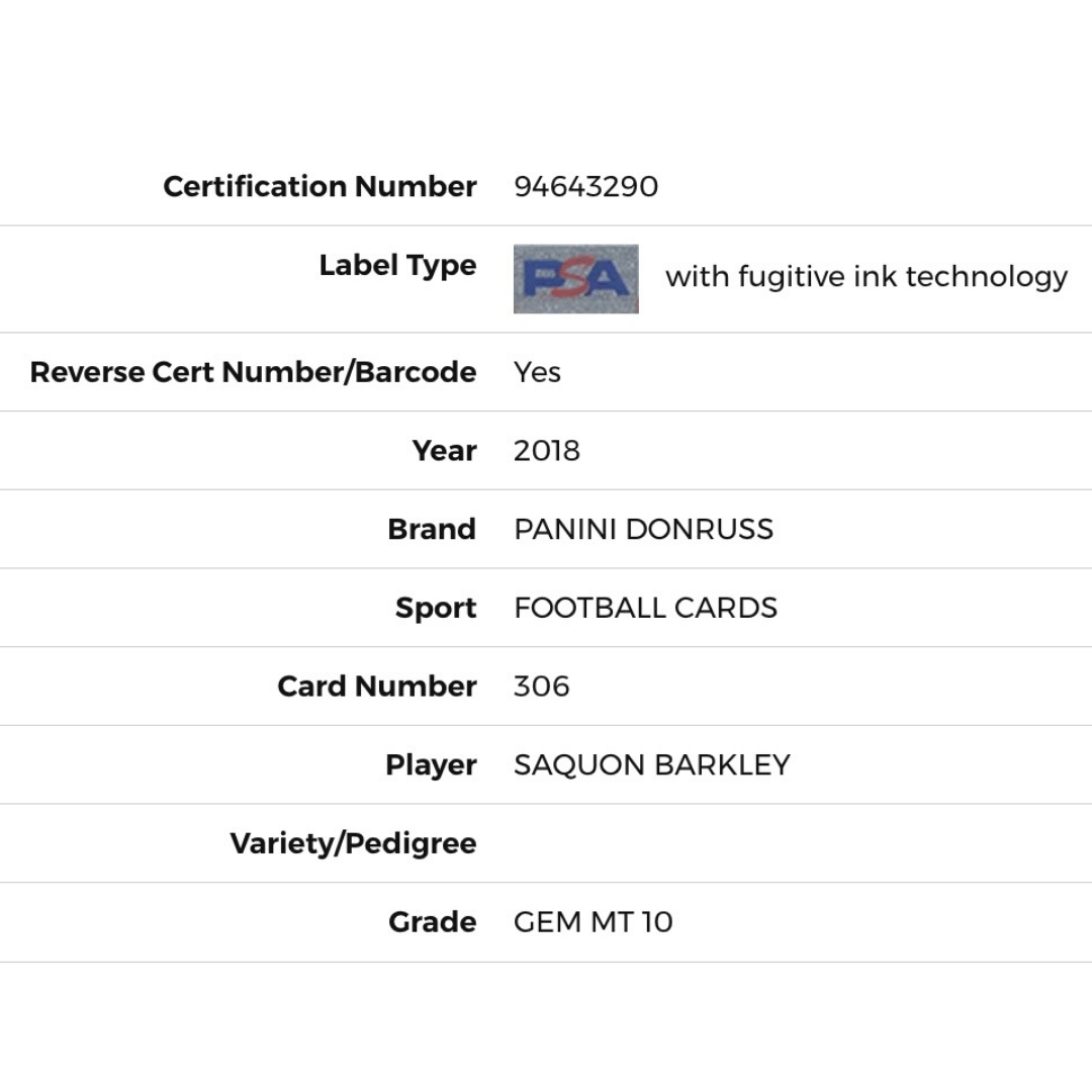 Saquon Barkley PSA 10 2018 Panini Donruss Rated Rookie Card #306