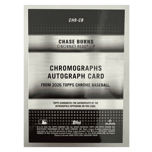 Chase Burns 2026 Topps Chrome Chromographs Autograph Rookie RC #d/ 50 Card #CHR-CB