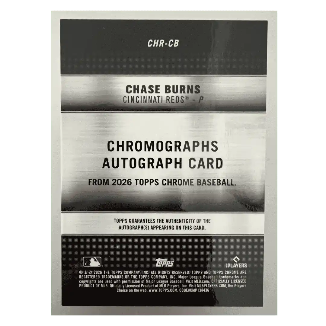 Chase Burns 2026 Topps Chrome Chromographs Autograph Rookie RC #d/ 50 Card #CHR-CB