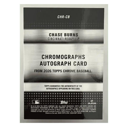 Chase Burns 2026 Topps Chrome Chromographs Autograph Rookie RC #d/ 50 Card #CHR-CB