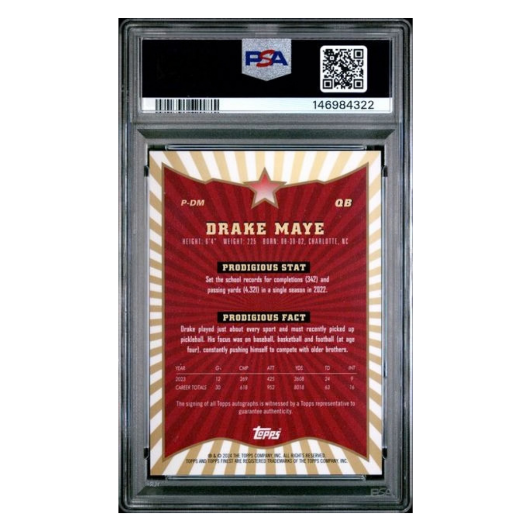 Drake Maye PSA 9 2024 Topps Finest Prodigies Auto-Black Refractor Rookie RC /25 Card #PDM