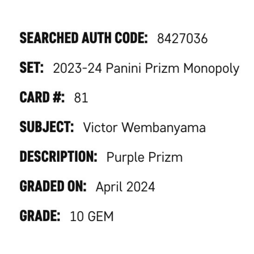 Victor Wembanyama SGC 10 2023-24 Panini Prizm Monopoly Purple Prizm Rookie RC Card #81