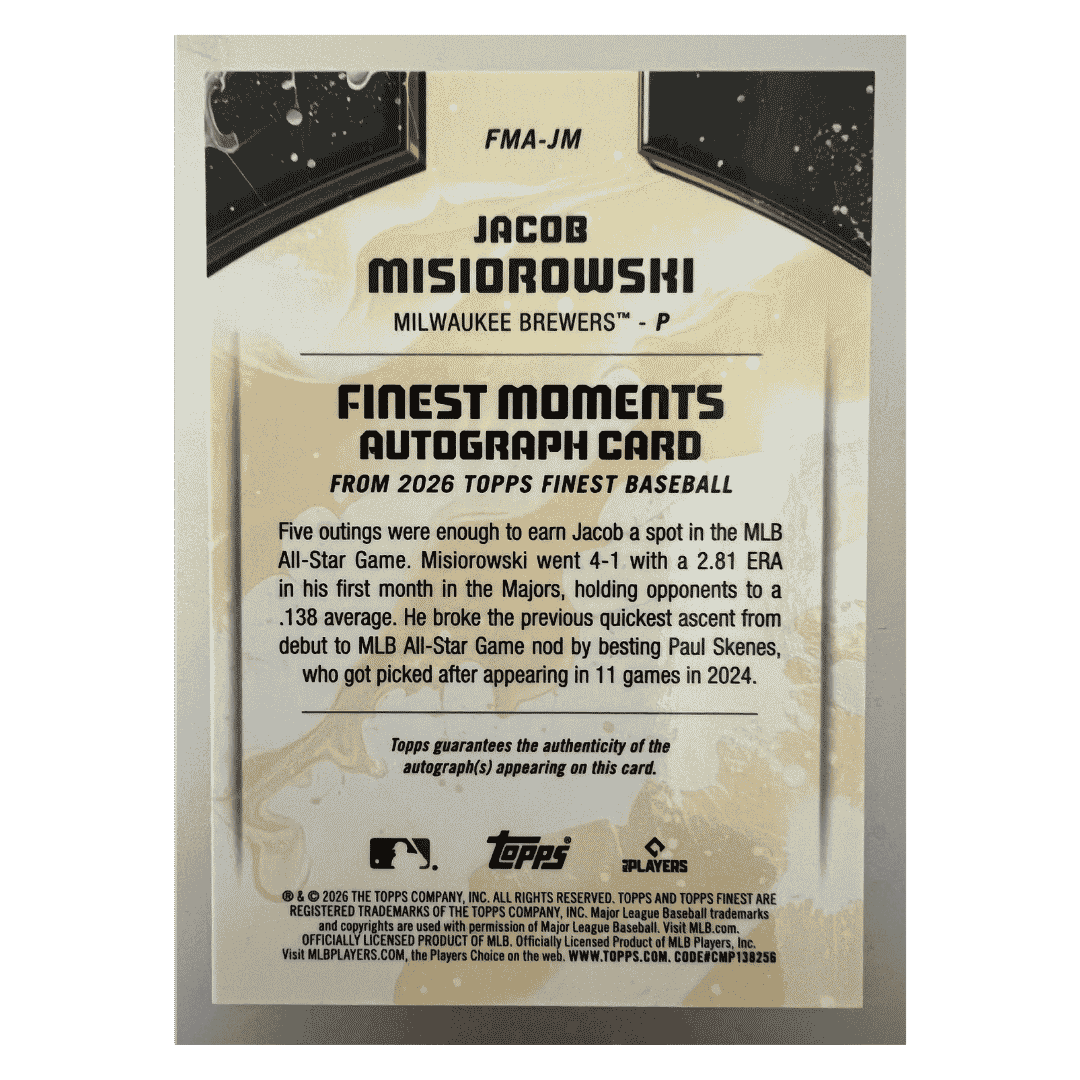 Jacob Misiorowski 2025 Topps Finest Moments Autograph Rookie RC Card #FMA-JM