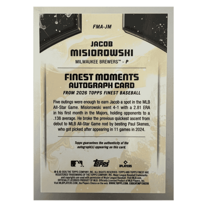 Jacob Misiorowski 2025 Topps Finest Moments Autograph Rookie RC Card #FMA-JM