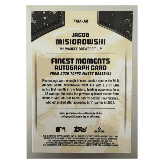 Jacob Misiorowski 2025 Topps Finest Moments Autograph Rookie RC Card #FMA-JM