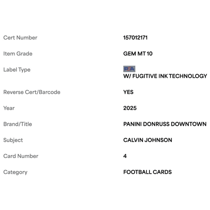 Calvin Johnson PSA 10 2025 Panini Donruss Downtown Card #4