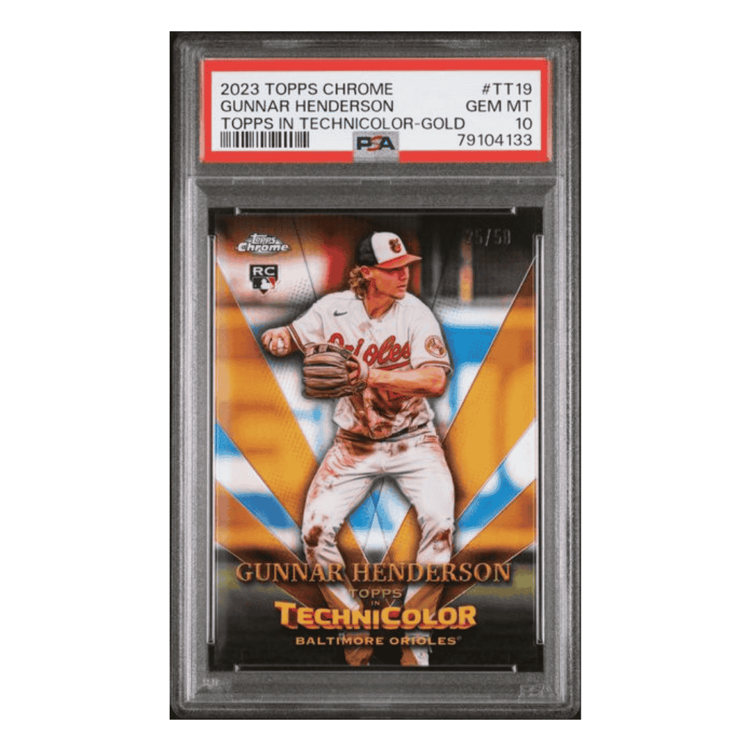 Gunnar Henderson PSA 10 2023 Topps Chrome Topps in Technicolor Gold Refractor Rookie RC #d/50 Card #TT19